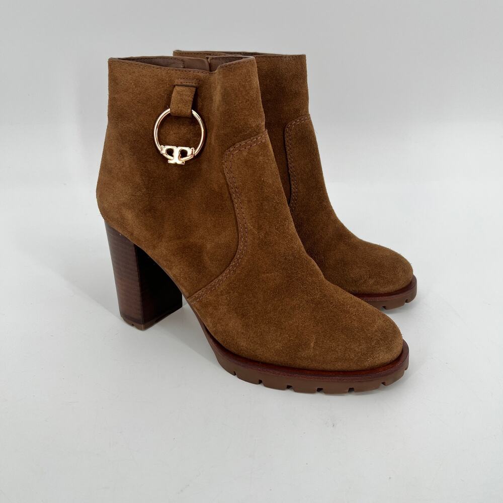 Tory Burch Sofia Bootie High Heel Lug Sole 6.5 M Carmel Brown Suede LOGO Charm